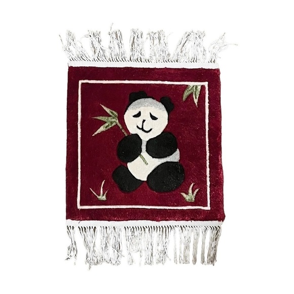 Panda Bear Silk Pictorial Fringe Rug with Bamboo Leaves Dark Red 12" X 13" - Picture 5 of 5